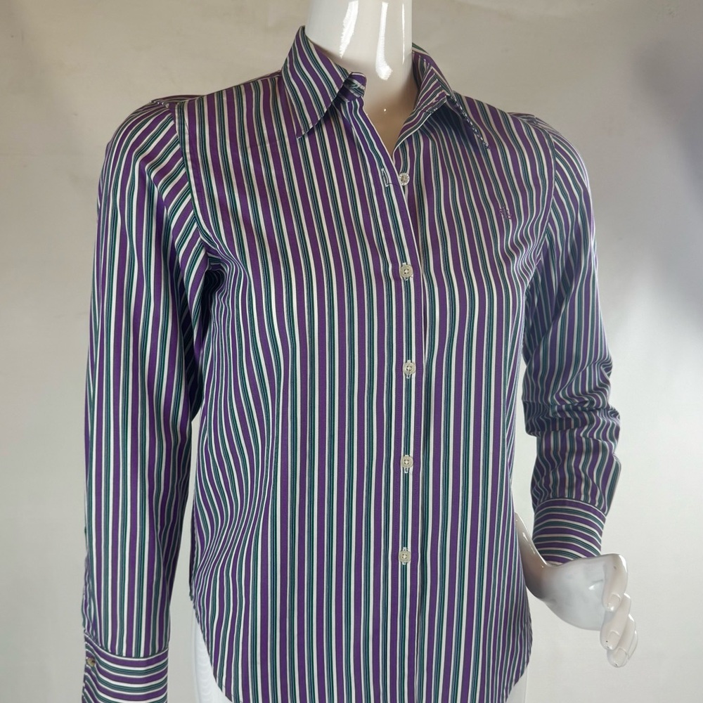 Lauren Ralph Lauren Purple Striped Button Down Shirt Petite Small EUC